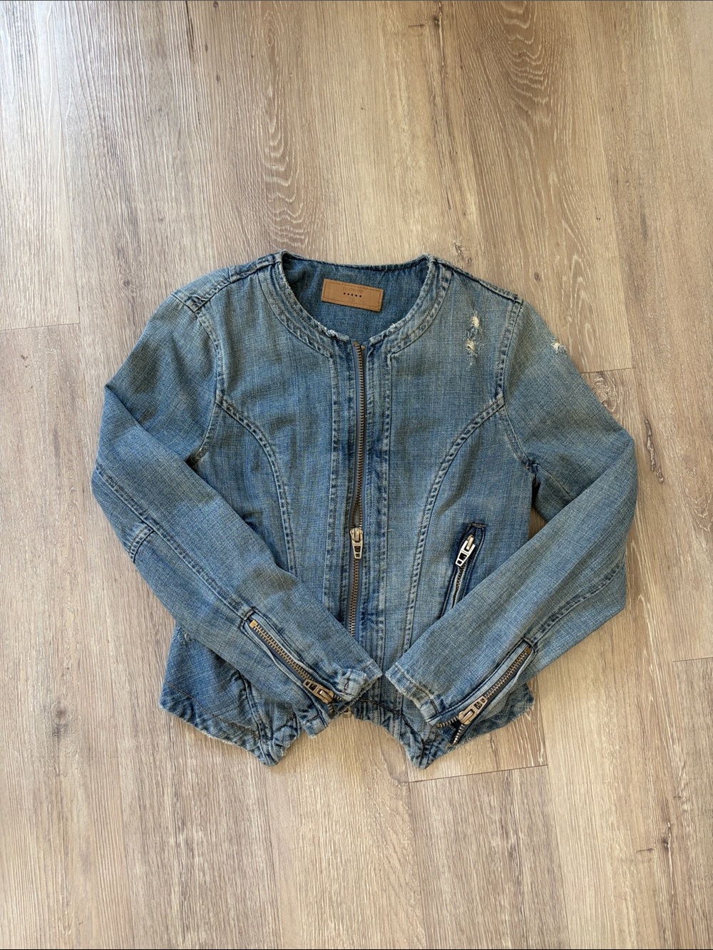 Blank NYC Light Blue Denim Zip-Up Jacket with Distressed Accents